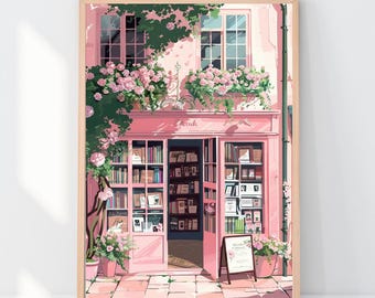 Pink Bookshop Art Print, Cosy Bookstore Illustration, Book Lover Gift Poster