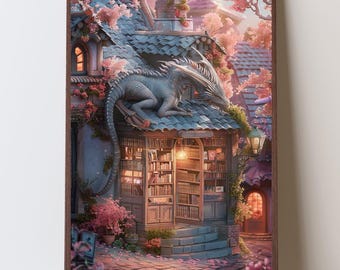Fantasy Dragon Bookstore Art Wall Print, Magical Library Decor, Fairy Tale Illustration, Gifts for Book Lovers