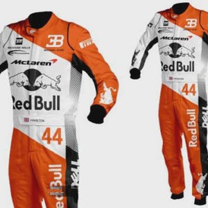 May include: Two racing suits, white, orange, and black, with sponsor logos including "Red Bull" and "McLaren." Each suit has the number "44" and the initials "BB." The suits are designed for professional racing.