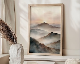 Christian Cross on Mountain Painting, Faith and Hope Artwork, Neutral Landscape Print, Inspirational Religious Decor, WA022