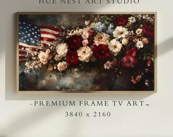 May include: A rectangular framed digital artwork titled HUE NEST ART STUDIO, featuring a dark, moody floral arrangement of red, white, and cream flowers intertwined with an American flag. The text PREMIUM FRAME TV ART 3840 x 2160 is visible.