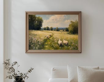 Printable Sheeps Vintage Oil Painting, Countryside Landscape Print, Farmhouse Wall Art, Lambs in Wildflower Meadow, Cottagecore Home Decor