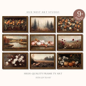 Op de afbeelding: Een collectie van negen rechthoekige ingelijste digitale kunstwerken met het label Hue Nest Art Studio en 9+ Pieces. De afbeeldingen tonen herfstthema's, waaronder sinaasappels, mistige dennenbossen, gevallen bladeren, een rivierlandschap en pompoenen.