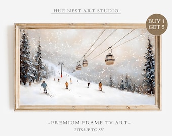 May include: A framed digital TV art print titled HUE NEST ART STUDIO featuring a snowy mountain ski slope with gondolas, skiers, and pine trees. The text BUY 1 GET 5 is in a circle, and the bottom text reads PREMIUM FRAME TV ART FITS UP TO 85 inches.