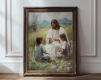 Jesus with Children Wall Art Print, Faith-Based Nursery Art, Christian Home Decor, Jesus Teaching Children, Spiritual Home Decor, LDS Art