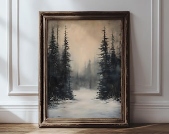 Impresión navideña de pinos vintage, arte mural con paisaje invernal nevado rústico, decoración navideña de cabaña perenne, pintura, descarga digital instantánea