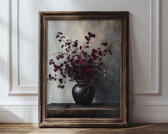 Moody Vintage Burgundy Botanical Vase Painting, Dark Academia Printable Wall Art, Gothic Cottagecore Decor, Classic Fall Still Life