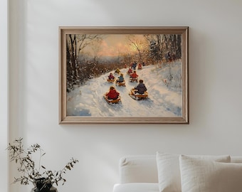 Winter Village Sledding Scene Art Print, Children Winter Sledding Painting, Nostalgic Snow Landscape Painting, Nostalgic Christmas Wall Art