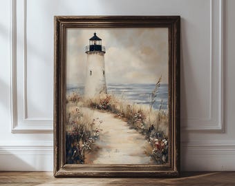 Neutral Coastal Lighthouse Art Print, Nautical Landscape Wall Art, Vintage Seaside Landscape Wall Decor, Minimalist Ocean Printable