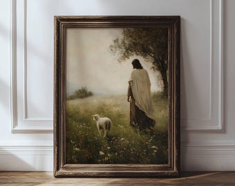 Jesus Leaves The 99, Christian Good Shepherd Artwork, Lost Sheep Parable, Boho Christian Landscape, Printable Wall Art, Digital Download