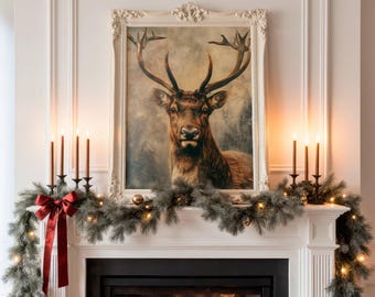 Moody Christmas Reindeer Printable Wall Art, Vintage Holiday Print, Charming Nostalgic Dark Winter Decor, Whimsical Deer Poster, WA013