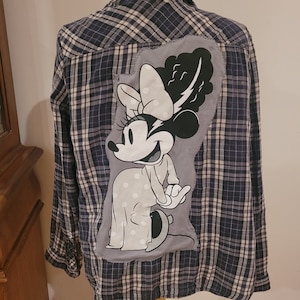 Custom Made Upcycled Vintage Flannel with MINNIE MOUSE Bride of Frankenstein back patch~size XS