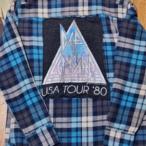 Custom made upcycled Vintage Flannel with DEF LEOPARD patch~size Medium