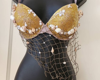 Ready to Ship! Gold Sparkling Mermaid Bra 34C ~raves~festivals~Halloween~Cosplay~Burlesque