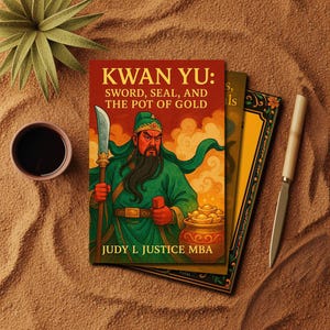Puede incluir: Un libro titulado "Kwan Yu: Sword, Seal, and the Pot of Gold" con una ilustración de un guerrero con túnica verde sosteniendo un arma. El libro está sobre arena, con una taza pequeña y un cuchillo decorativo.