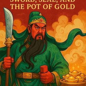 Puede incluir: Ilustración de la portada de un libro con Kwan Yu, vestido con túnicas verdes, sosteniendo una espada y un bloque rojo, con una olla de oro. El título es "KWAN YU: SWORD, SEAL, AND THE POT OF GOLD" por Judy L Justice MBA.