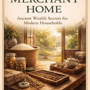 以下が含まれることがあります： 「The Merchant Home」の表紙で、「Ancient Wealth Secrets for Modern Households」というテキストが表示されています。画像には、穀物が入ったバスケット、食品の瓶、そろばん、ティーセットが置かれた素朴な木製のテーブルが写っています。