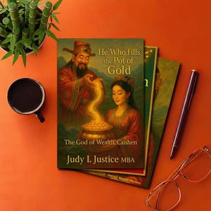 May include: A stack of books with the title "He Who Fills the Pot of Gold" featuring an illustration of a man and woman with a pot of gold. The author's name is Judy L Justice MBA. A cup of coffee, pen, glasses, and plant are also on the orange surface.