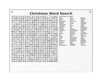 Op de afbeelding: Een kerstwoordzoeker met een raster van letters en een lijst van 75 woorden om te vinden, waaronder "Engel", "Sneeuwvlok" en "Rendier". De tekst is zwart op een witte achtergrond.