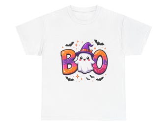 May include: White t-shirt featuring a Halloween-themed design. The design includes the word "BOO" in orange and purple letters, a cute ghost wearing a witch hat, bats, and stars.
