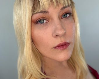 Ombre Blonde Remy Human Hair Wig, Bangs, Silk Top, 16 Inch