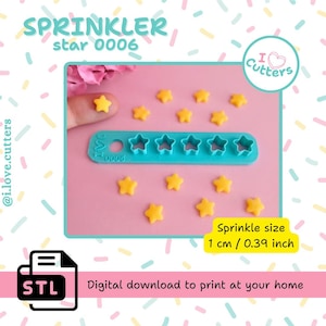 May include: A teal star-shaped sprinkle cutter with yellow star sprinkles on a pink surface. The text "SPRINKLER star 0006" is at the top. The sprinkle size is 1 cm. The image also includes the text "Digital download to print at your home".
