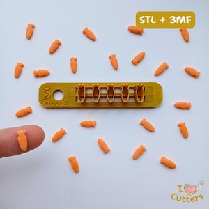 May include: An assortment of orange carrot-shaped sweets and a yellow carrot-shaped cookie cutter. The cutter features six carrot-shaped cutouts. The text "STL + 3MF" is in the upper right. The text "I Cutters" is in the lower right corner.