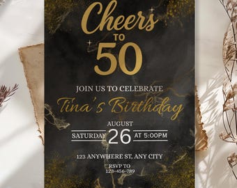 50th Birthday Invitation, Black and Gold Birthday Invite, Editable Canva Template, Printable Digital Download, Instant Access