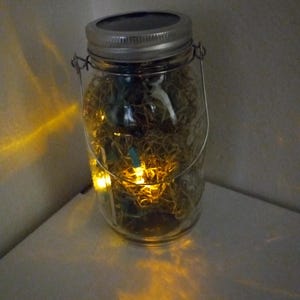 May include: A clear glass mason jar with a silver lid and wire handle. The jar is filled with dried moss and small, warm-toned fairy lights. The jar sits on a white surface, with light reflecting off the surface.