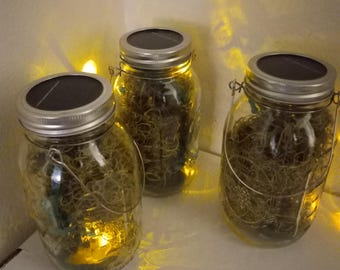 LED firefly simulation in a solar garden Mason Jar lamp. Hand crafted using yellow LEDs that delight one with fireflies year round.
