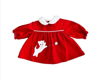 Darling Red Corduroy with White Fur Kitty and Collar. 12 months