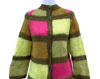 Sixties pink and green color block mohair cardigan Size S/M