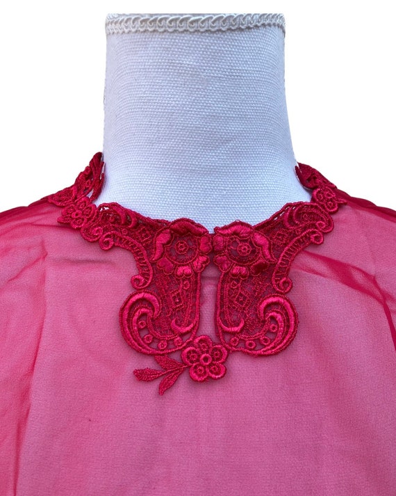 Crimson Red Belted Sheer Vintage Blouse with Lace… - image 3