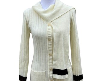 Cream and Chocolate Brown Collegiate Cardigan with Scarf Collar. size Small