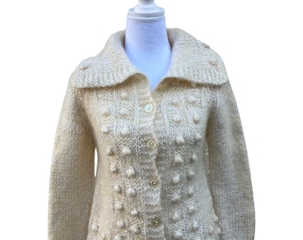 Dreamy Cream Hand Knit Mohair Blend Cardigan. Size small