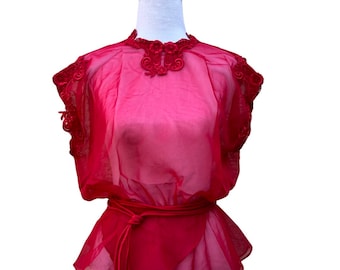 Crimson Red Belted Sheer Vintage Blouse with Lace Trim.  Size S/M