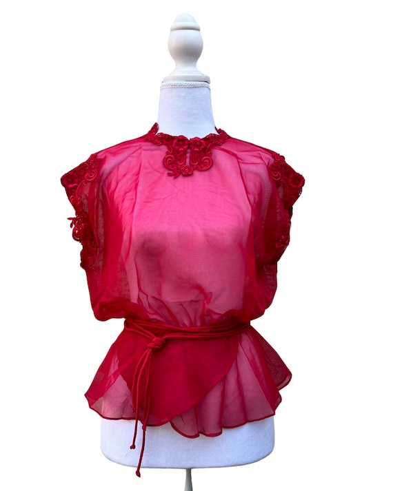 Crimson Red Belted Sheer Vintage Blouse with Lace… - image 1