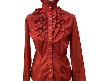 Burnt Orange High Neck Button Down with plenty of Ruffles.  Size Small