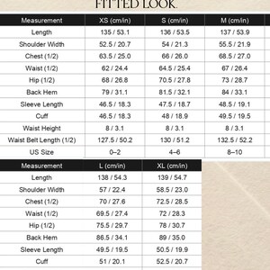 May include: A size chart with measurements in centimeters and inches for clothing. The chart includes measurements for length, shoulder width, chest, waist, hip, back hem, sleeve length, cuff, waist height, and waist belt length. US sizes are also listed.