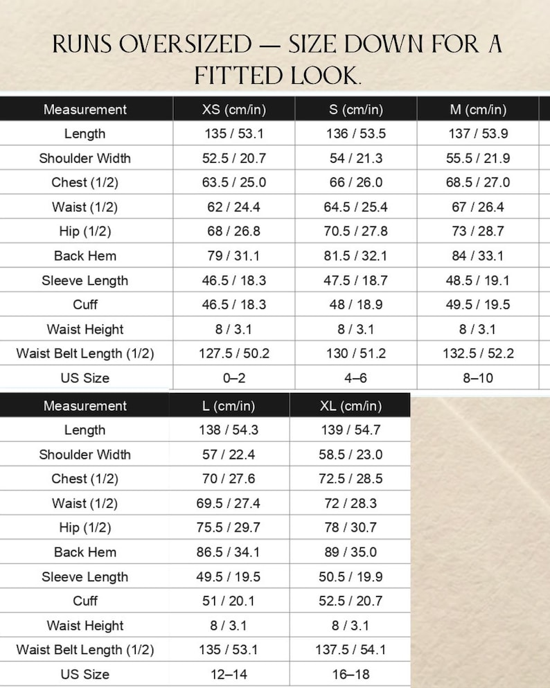 May include: A size chart with measurements in centimeters and inches for clothing. The chart includes measurements for length, shoulder width, chest, waist, hip, back hem, sleeve length, cuff, waist height, and waist belt length. US sizes are also listed.