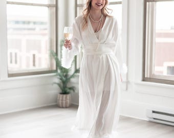 Luxury Satin Bridal Robe with Detachable Ostrich Feathers | Elegant Wedding Morningwear | Sofia Robe