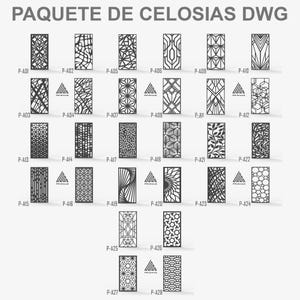 May include: A collection of 28 black decorative panel designs, each with a unique geometric or organic pattern. The panels are labeled with codes like P-A01 to P-A28. The text "PAQUETE DE CELOSIAS DWG" is at the top.