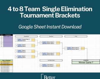 Customizable Tournament Bracket Template: 4-8 Teams Single Elimination (Google Sheet Digital Download)