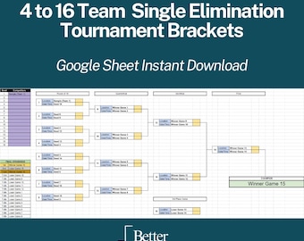 Customizable Tournament Bracket Template: 4-16 Teams Single Elimination (Google Sheet Digital Download)