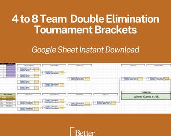 Customizable and Automated Tournament Bracket Template: 4-8 Teams Double Elimination (Google Sheet Digital Download)
