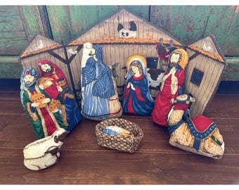 Vintage Handmade Soft Plush Nativity Set Holiday Christmas Decor Religious
