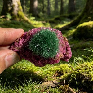 May include: A mineral specimen featuring a vibrant magenta, crystalline rock base with a prominent, spherical cluster of fine, needle-like green crystals growing from the center, showcasing a distinct contrast in color and texture.