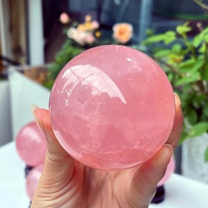 Puede incluir: Una gran esfera de cuarzo rosa pulido, sostenida en una mano. La esfera es de color rosa suave y refleja la luz, con una superficie lisa y redondeada. Se ven otras esferas en el fondo.