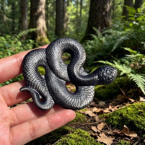 以下が含まれることがあります： メタリックブラック仕上げで、細部まで質感のある鱗が施された、とぐろを巻いた小さなヘビの置物。彫刻は湾曲した体型で、頭と尾がはっきりと分かれており、表面全体にリアルな模様が描かれています。