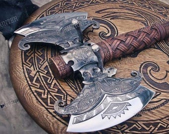 Personalized Double Headed Viking Axe, Hand Forged Norse Battle Axe with Shield, Engraved Medieval Axe, Viking Gift for Men